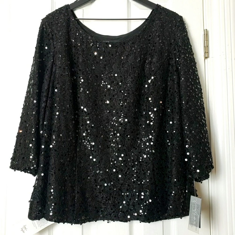 NWT Alex Evenings Women's sequins top black 3/4 sleeves lace blouse, sz: 3X